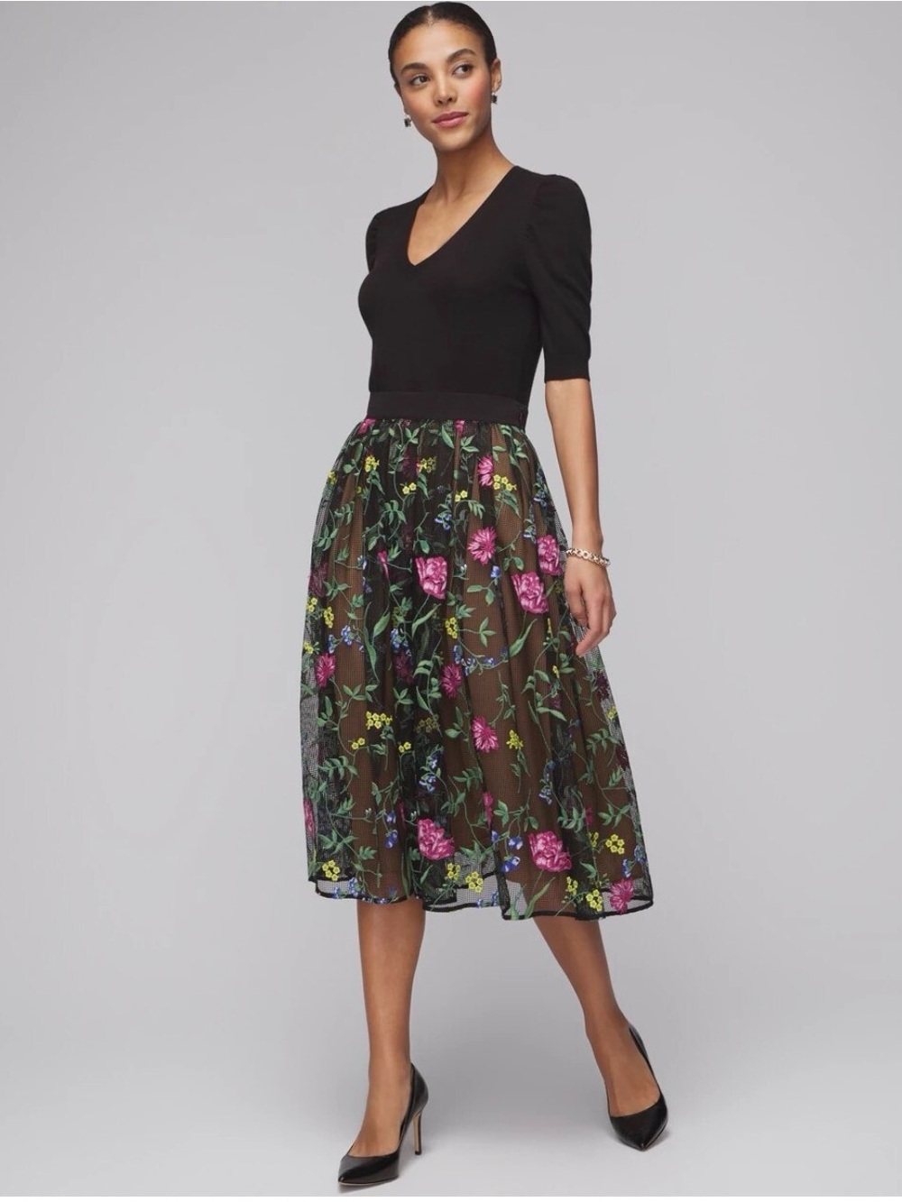 White House Black Market Black Mesh Floral Skirt